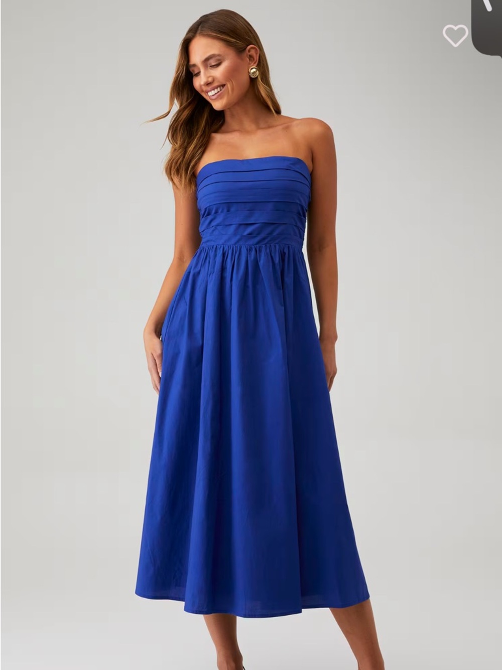 Wayf Strapless Pleated Bodice Midi Dress in Cobalt Blue